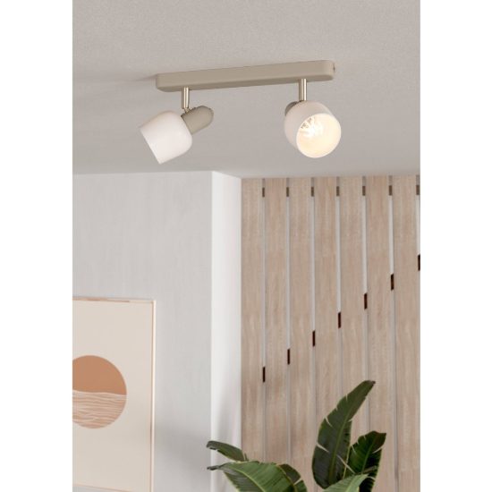 Eglo corato plafoniera con 2 faretti e14 orientabili 30cm per cucina moderna sabbia e nichel satinato