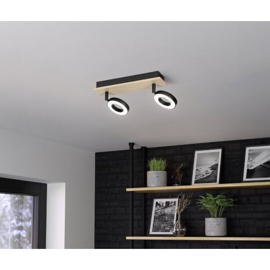 Eglo rielves plafoniera con 2 faretti led 8,4w 3000k orientabili 28cm per ingresso moderna marrone e nera