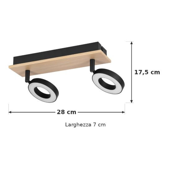Eglo rielves plafoniera con 2 faretti led 8,4w 3000k orientabili 28cm per ingresso moderna marrone e nera