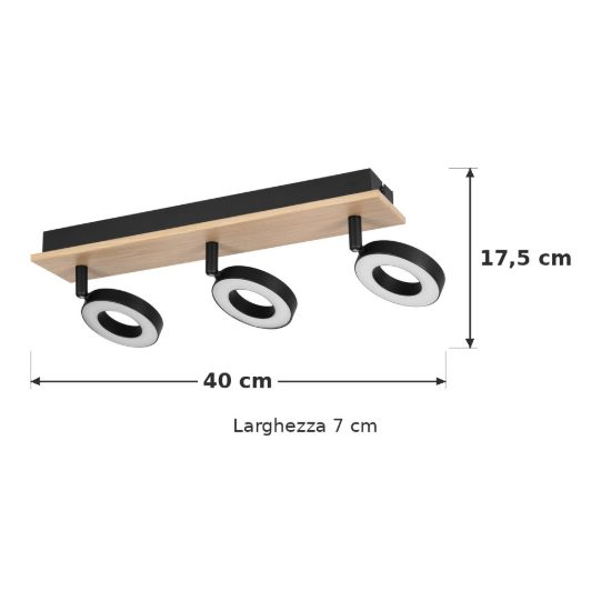 Eglo rielves plafoniera con 3 faretti led 12,6w 3000k orientabili 40cm per cucina moderna marrone e nera