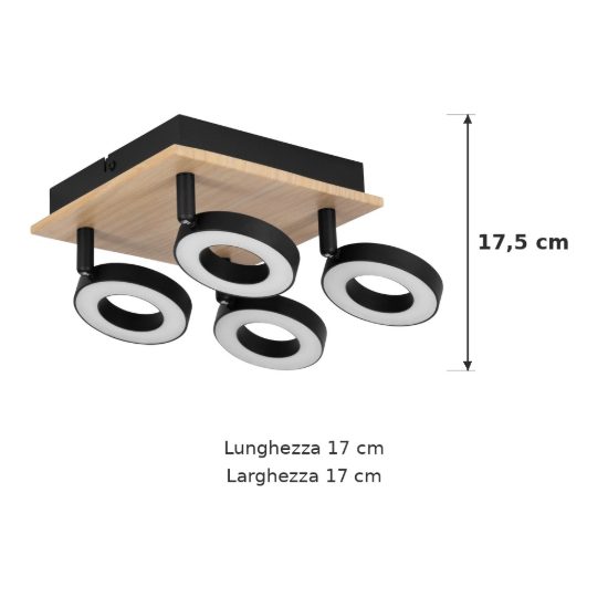 Eglo rielves plafoniera con 4 faretti led 16,8w 3000k orientabili 17cm per corridoio moderna marrone e nera