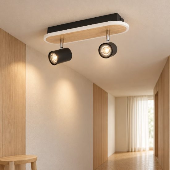 Eglo rimbocchi plafoniera con 2 faretti led 12w 3000k orientabili 34cm per corridoio moderna nera e marrone
