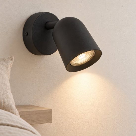 Eglo camaldoli applique con faretto gu10 orientabile 8,5cm per camera da letto moderna nera