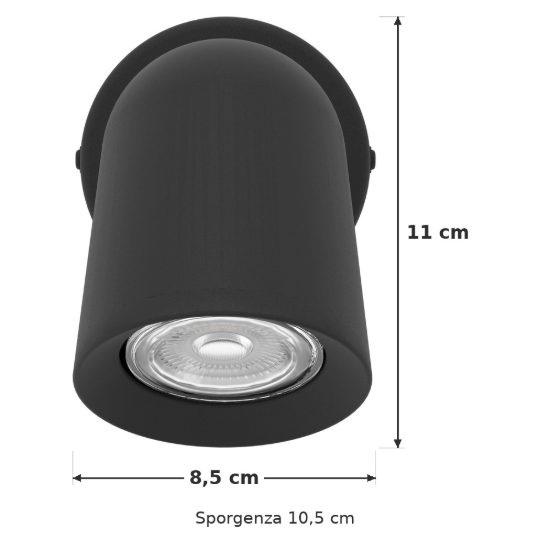 Eglo camaldoli applique con faretto gu10 orientabile 8,5cm per camera da letto moderna nera