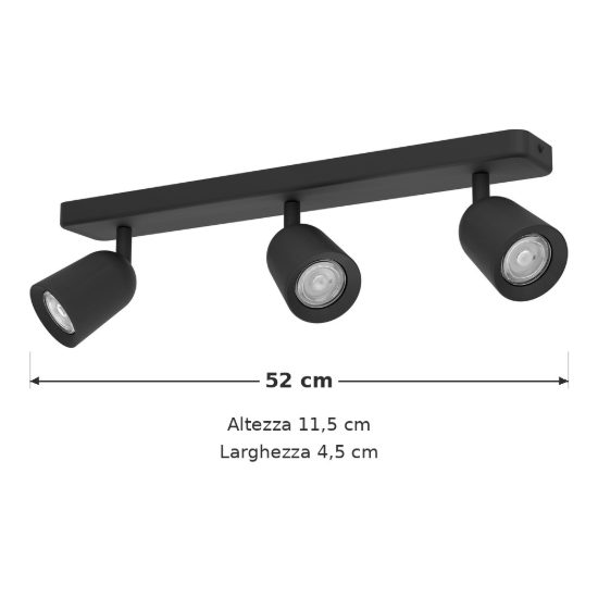 Eglo camaldoli plafoniera con 3 faretti gu10 orientabili 52cm per corridoio moderna nera