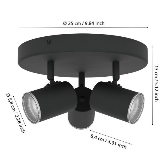 Eglo consuma 1 plafoniera con 3 faretti gu10 orientabili 25cm ip44 per bagno moderna nera
