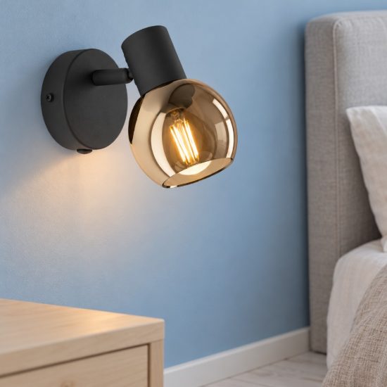 Eglo castellazo applique con faretto e14 orientabile 8,6cm per camera da letto moderna nera con vetro color rame