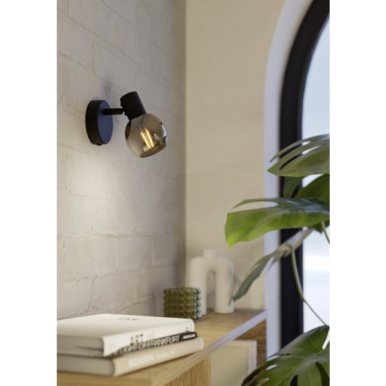 Eglo castellazo applique con faretto e14 orientabile 8,6cm per camera da letto moderna nera con vetro color rame