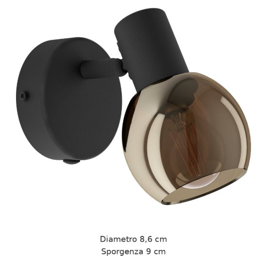 Eglo castellazo applique con faretto e14 orientabile 8,6cm per camera da letto moderna nera con vetro color rame