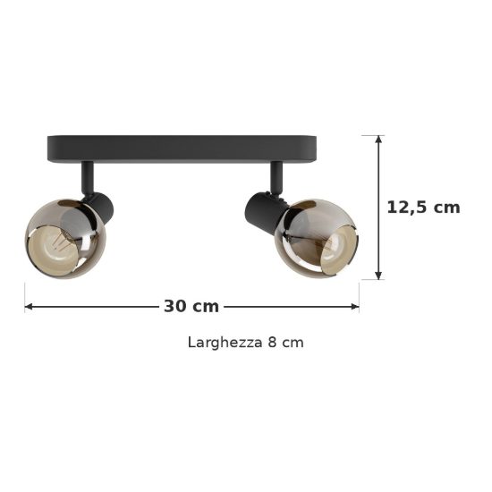 Eglo castellazo plafoniera con 2 faretti e14 orientabili 30cm per corridoio moderna nera con vetro color rame