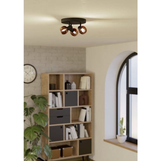 Eglo castellazo plafoniera con 3 faretti e14 orientabili 25cm per corridoio moderna nera con vetro color rame