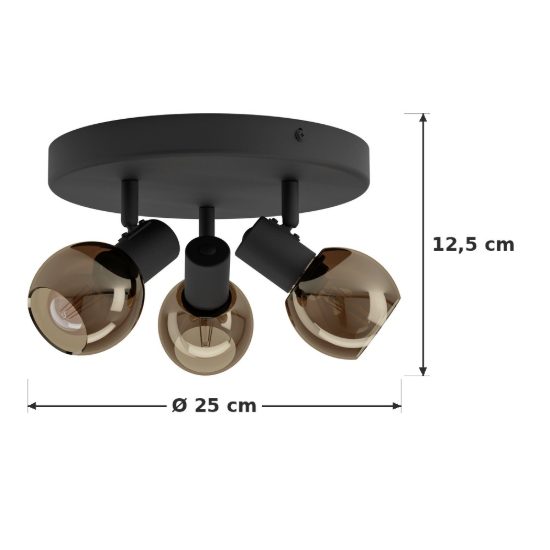 Eglo castellazo plafoniera con 3 faretti e14 orientabili 25cm per corridoio moderna nera con vetro color rame
