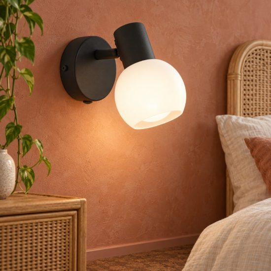 Eglo castellazo applique con faretto e14 orientabile 8,6cm per camera da letto moderna nera con vetro bianco