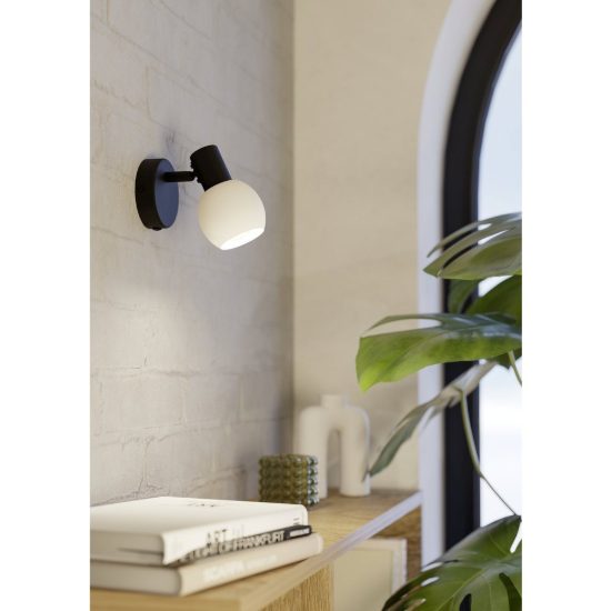 Eglo castellazo applique con faretto e14 orientabile 8,6cm per camera da letto moderna nera con vetro bianco