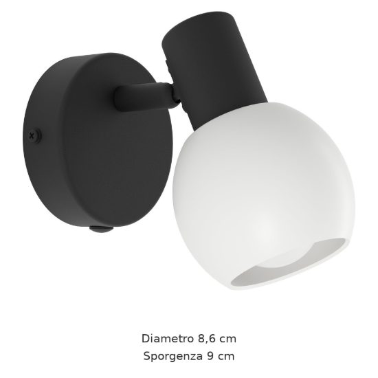 Eglo castellazo applique con faretto e14 orientabile 8,6cm per camera da letto moderna nera con vetro bianco