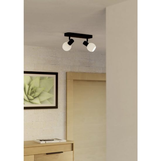 Eglo castellazo plafoniera con 2 faretti e14 orientabili 30cm per corridoio moderna nera con vetro bianco