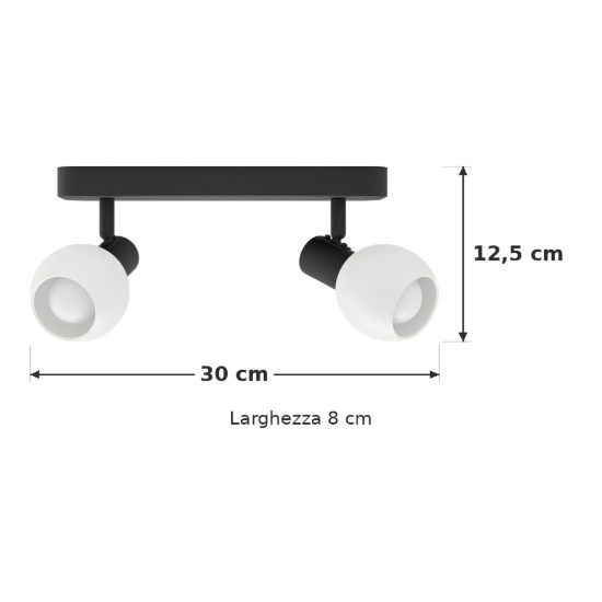 Eglo castellazo plafoniera con 2 faretti e14 orientabili 30cm per corridoio moderna nera con vetro bianco