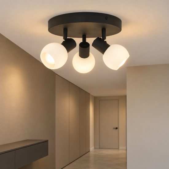 Eglo castellazo plafoniera con 3 faretti e14 orientabili 25cm per corridoio moderna nera con vetro bianco
