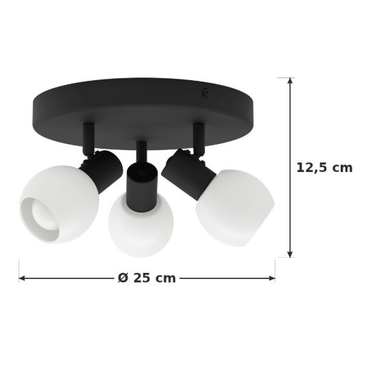 Eglo castellazo plafoniera con 3 faretti e14 orientabili 25cm per corridoio moderna nera con vetro bianco