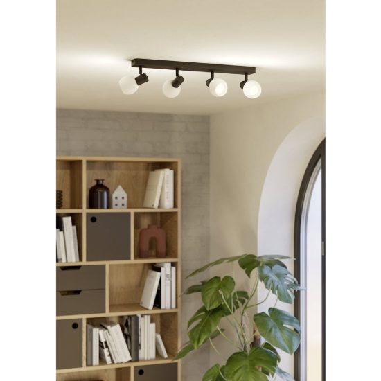 Eglo castellazo plafoniera con 4 faretti e14 orientabili 58cm per ingresso moderna nera con vetro bianco