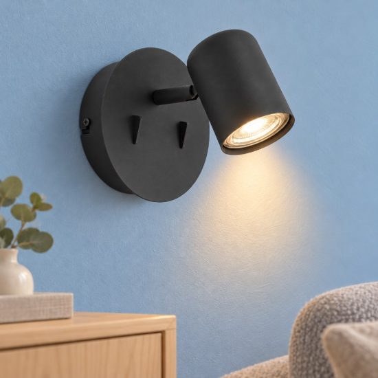 Eglo montemurro applique con faretto led 4,7w 3000k orientabile 12cm per soggiorno moderna nera