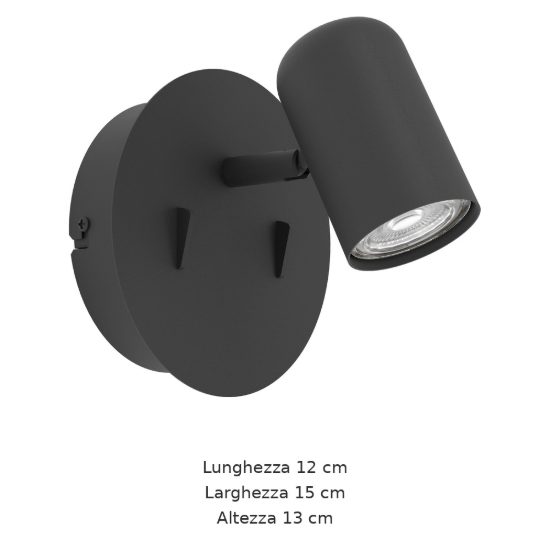 Eglo montemurro applique con faretto led 4,7w 3000k orientabile 12cm per soggiorno moderna nera