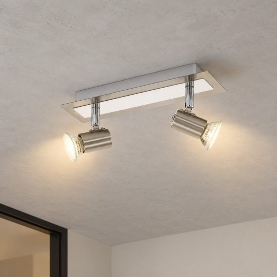 Eglo rottelo plafoniera con 2 faretti gu10 led 9,2w 3000k orientabili 28cm per corridoio moderna nichel e cromo