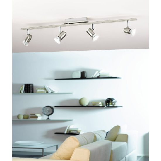 Eglo rottelo plafoniera con 4 faretti gu10 led 18,4w 3000k orientabili 78cm per corridoio moderna nichel e cromo