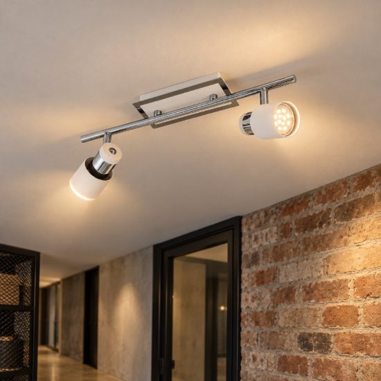 Eglo davida plafoniera con 2 faretti gu10 led 9,2w 3000k orientabili 39cm per corridoio moderna cromo e bianca