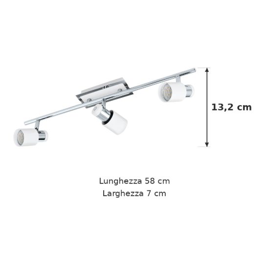 Eglo davida plafoniera con 3 faretti gu10 led 13,8w 3000k orientabili 58cm per ingresso moderna cromo e bianca
