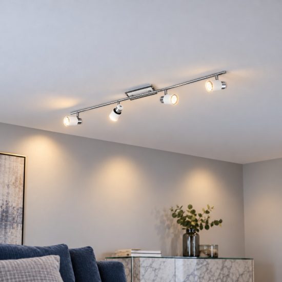Eglo davida plafoniera con 4 faretti gu10 led 18,4w 3000k orientabili 78cm per soggiorno moderna cromo e bianca