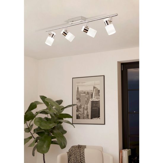 Eglo davida plafoniera con 4 faretti gu10 led 18,4w 3000k orientabili 78cm per soggiorno moderna cromo e bianca
