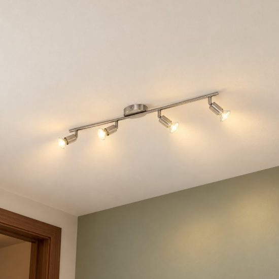 Eglo buzz-led plafoniera con 4 faretti gu10 led 11,2w 3000k orientabili 68,5cm per corridoio moderna nichel