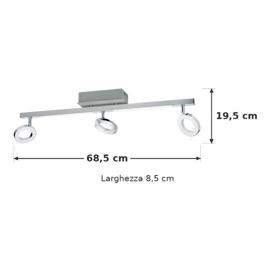 Eglo cardillio 1 plafoniera con 3 faretti led 16,2w 3000k orientabili 68,5cm per cucina moderna alluminio e cromo