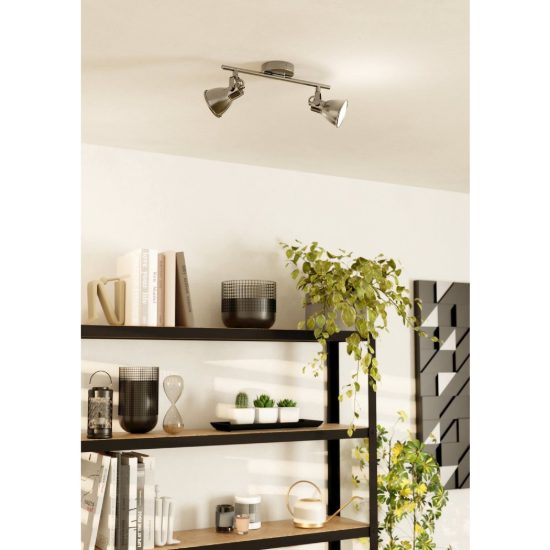 Eglo seras plafoniera con 2 faretti gu10 led 5,6w 3000k orientabili 37cm per ingresso moderna nichel invecchiato e panna
