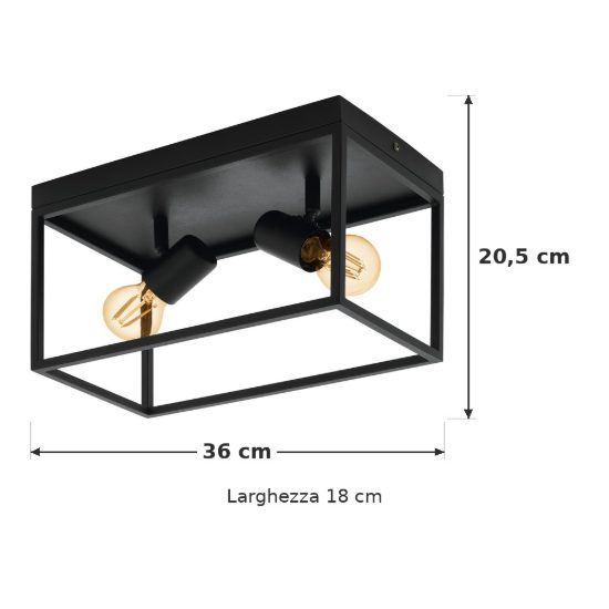Eglo silentina plafoniera 2 luci 36cm per soggiorno industriale nera