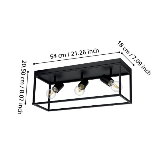 Eglo silentina plafoniera 3 luci 54cm per cucina industriale nera