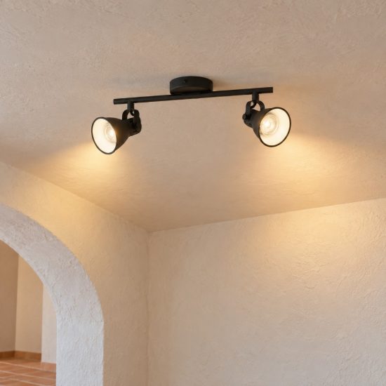 Eglo seras 2 plafoniera con 2 faretti gu10 led 5,6w 3000k orientabili 37cm per soggiorno moderna nera