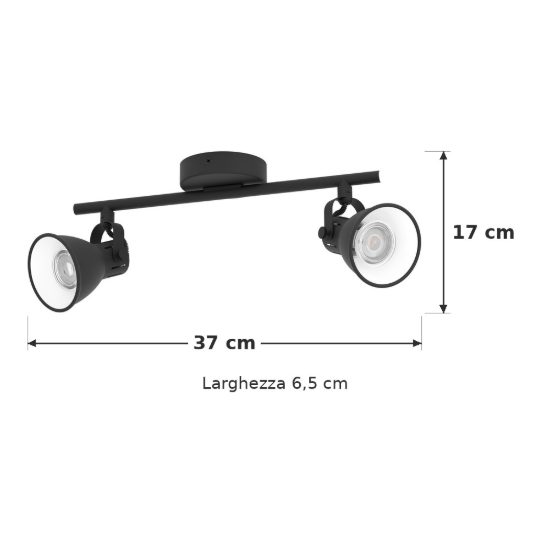 Eglo seras 2 plafoniera con 2 faretti gu10 led 5,6w 3000k orientabili 37cm per soggiorno moderna nera
