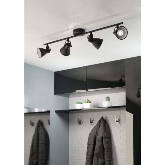 Eglo seras 2 plafoniera con 4 faretti gu10 led 11,2w 3000k orientabili 77cm per corridoio moderna nera