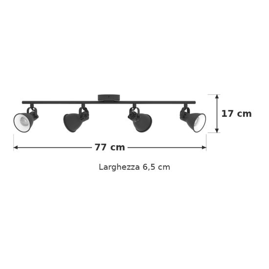 Eglo seras 2 plafoniera con 4 faretti gu10 led 11,2w 3000k orientabili 77cm per corridoio moderna nera