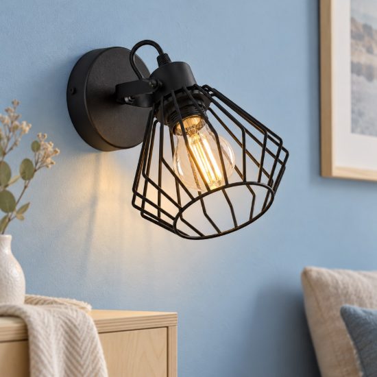 Eglo tabillano applique con faretto e27 orientabile 11cm per soggiorno moderna nera