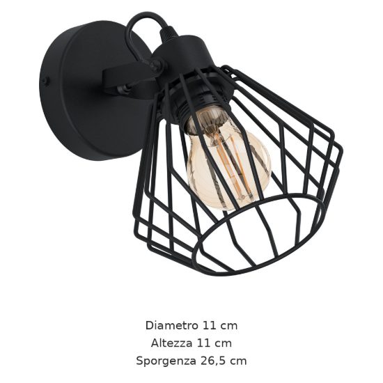Eglo tabillano applique con faretto e27 orientabile 11cm per soggiorno moderna nera
