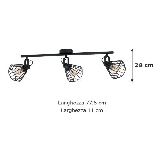 Eglo tabillano plafoniera con 3 faretti e27 orientabili 77,5cm per ingresso moderna nera