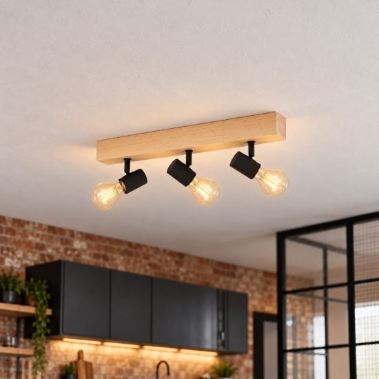 Eglo townshend 3 plafoniera con 3 faretti e27 orientabili 48cm per cucina moderna marrone e nera
