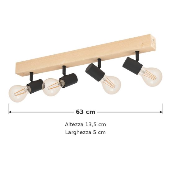 Eglo townshend 3 plafoniera con 4 faretti e27 orientabili 63cm per corridoio moderna marrone e nera