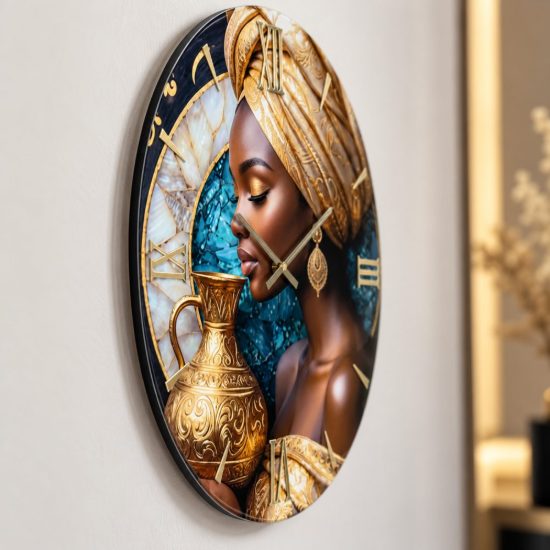 Grande orologio da parete in resina moderno donna africana dettagli oro 100cm