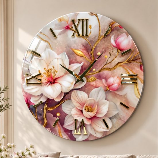 Grande orologio da parete moderno design floreale dettagli oro 100cm