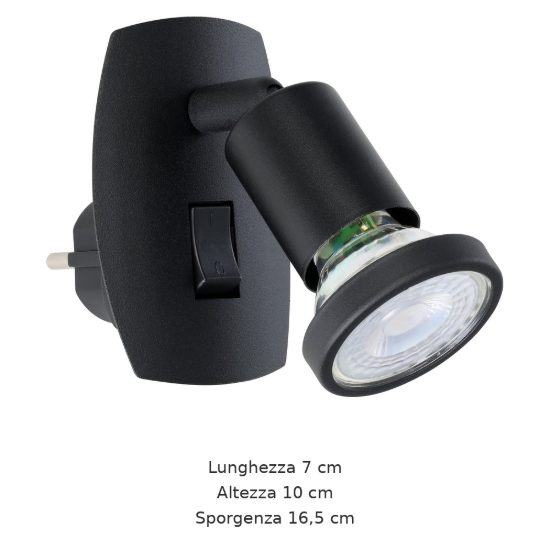Eglo parrini faretto con spina gu10 led 4,5w 3000k 10cm moderno nero