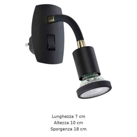Eglo parrini faretto con spina gu10 led 4,5w 3000k 10cm moderno nero e ottone con braccio flessibile